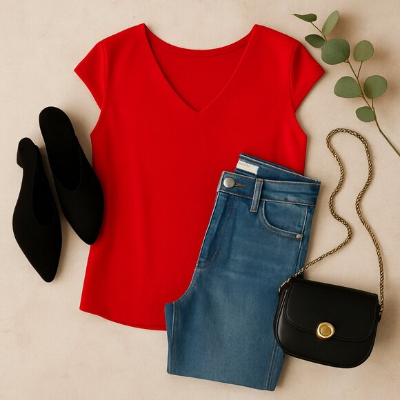 Pleione Red Blouse Chiffon V Neck Cap Sleeve Minimalist Workwear Size XS - Picture 2 of 6